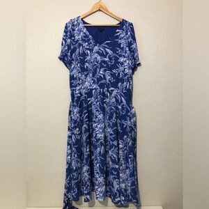 Talbots Etched Toile Belted Smocked Fit And Flare Dress Women’s 14 Blue Floral